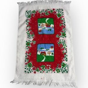 Vtg Cannon Kitchen Hand Towel Christmas Cabin Snow Blue‎  Holiday Vintage Fringe
